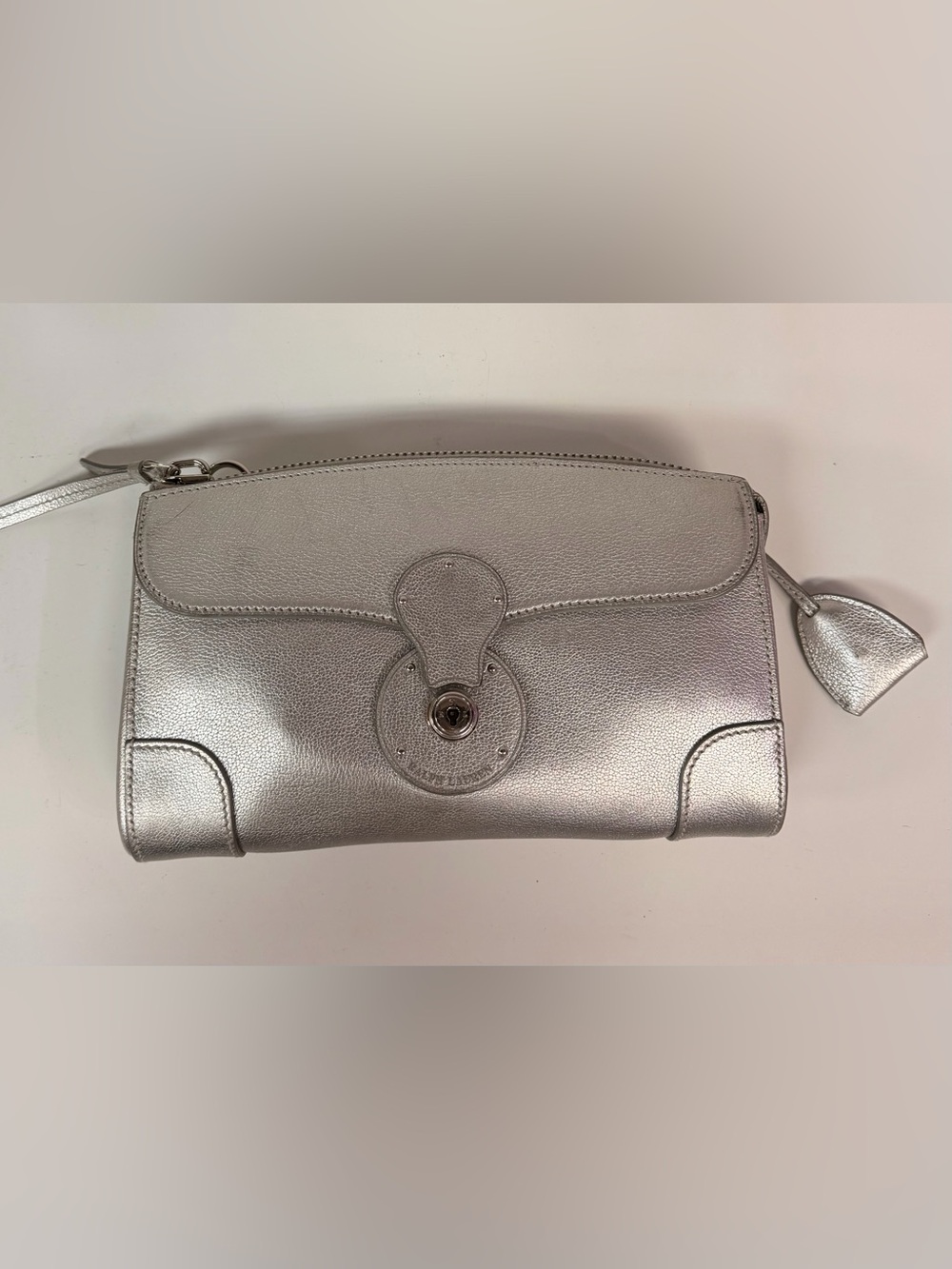 Ralph Lauren Collection Ricky Metallic Silver Pebbled Leather Clutch